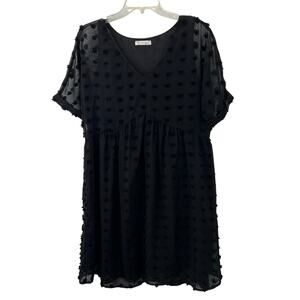 Kirundo Swiss Dot Dress M Women Black Babydoll Sheer Layer Short Sleeve V Neck